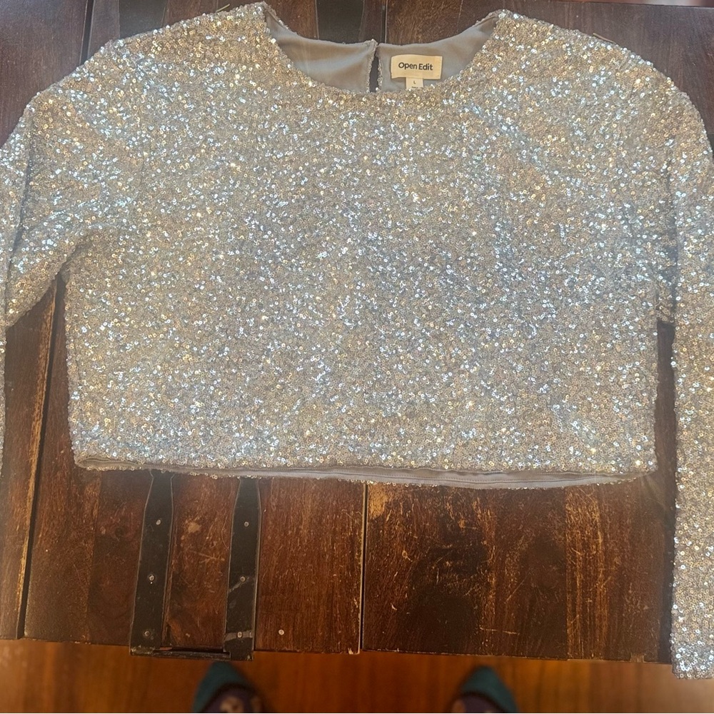 Open Edit Silver Sequin Women's Top